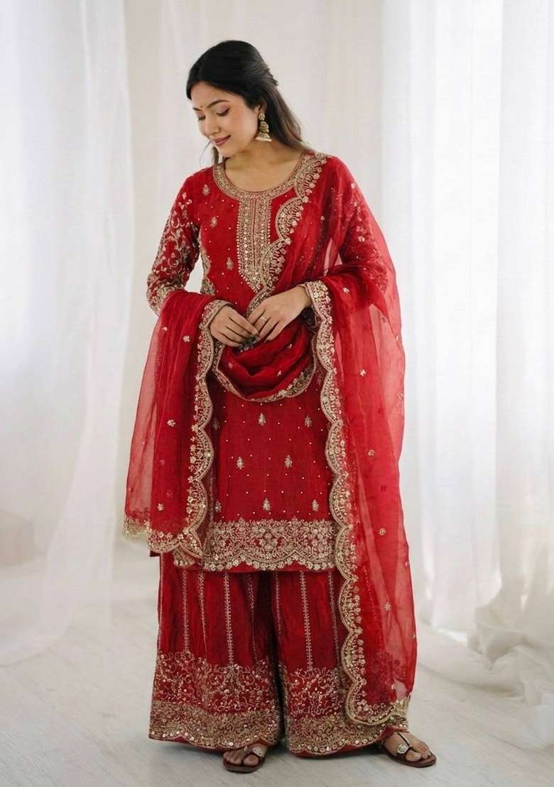 Red Zari Work Fendy Silk Blend Salwar Suit - Indya