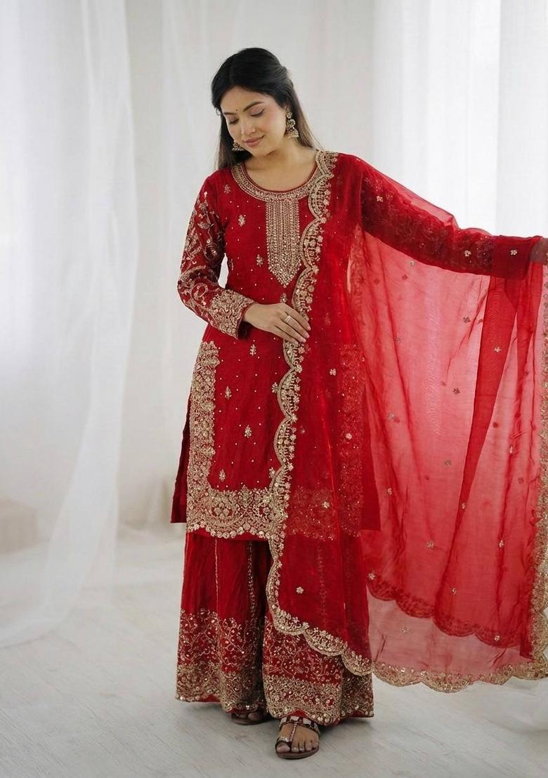 Red Zari Work Fendy Silk Blend Salwar Suit - Indya