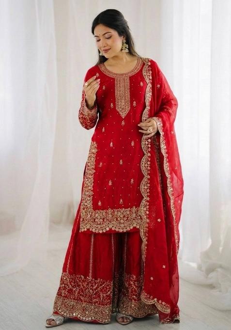 Red Zari Work Fendy Silk Salwar Suit