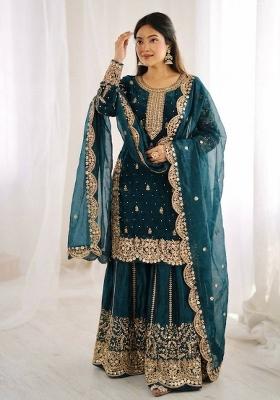 Teal Zari Work Fendy Silk Salwar Suit