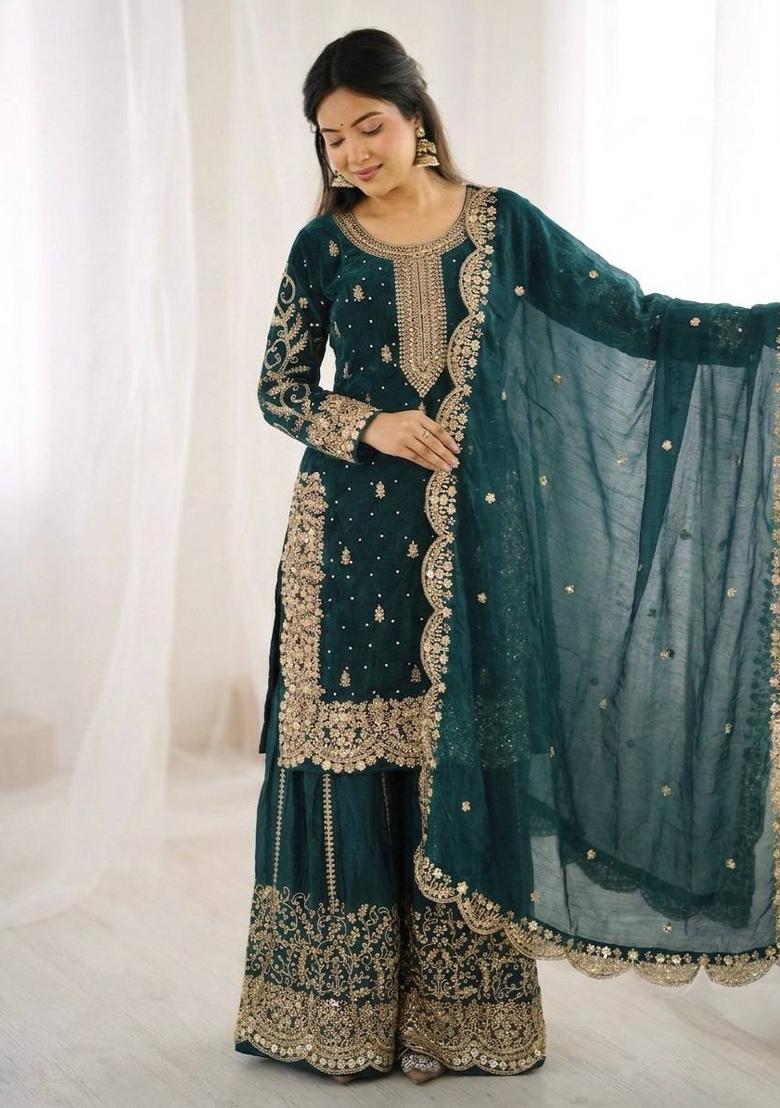 Teal Zari Work Fendy Silk Blend Salwar Suit - Indya