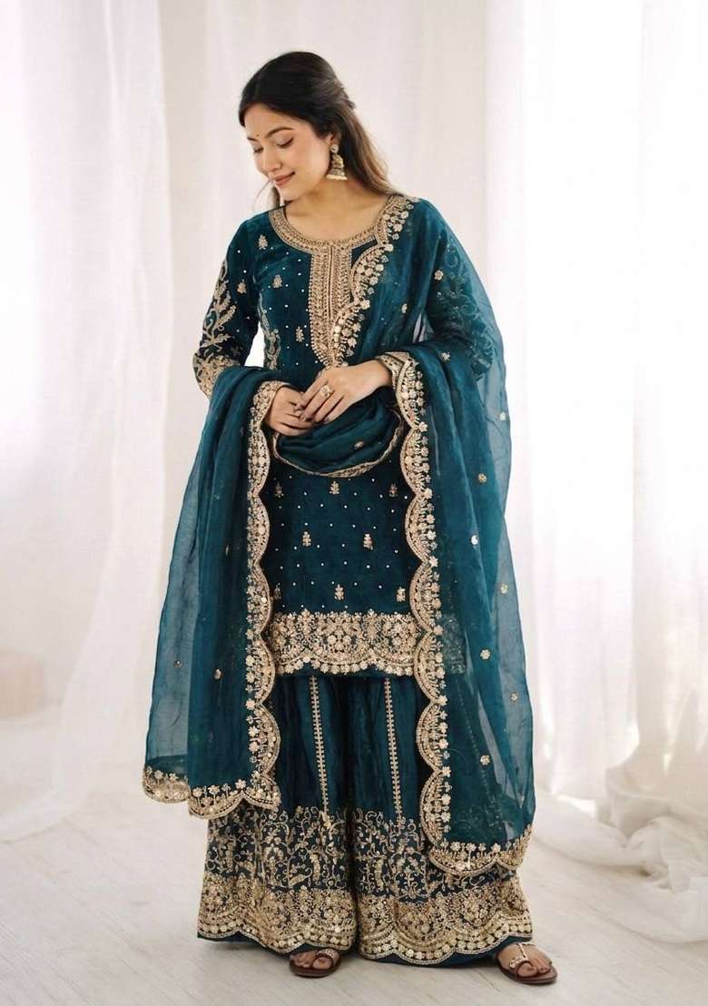 Teal Zari Work Fendy Silk Blend Salwar Suit - Indya