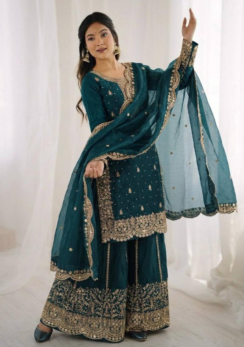 Teal Zari Work Fendy Silk Blend Salwar Suit - Indya