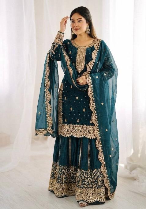 Teal Zari Work Fendy Silk Salwar Suit