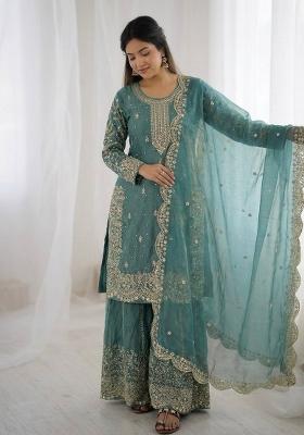 Turqouise Zari Work Fendy Silk Blend Salwar Suit
