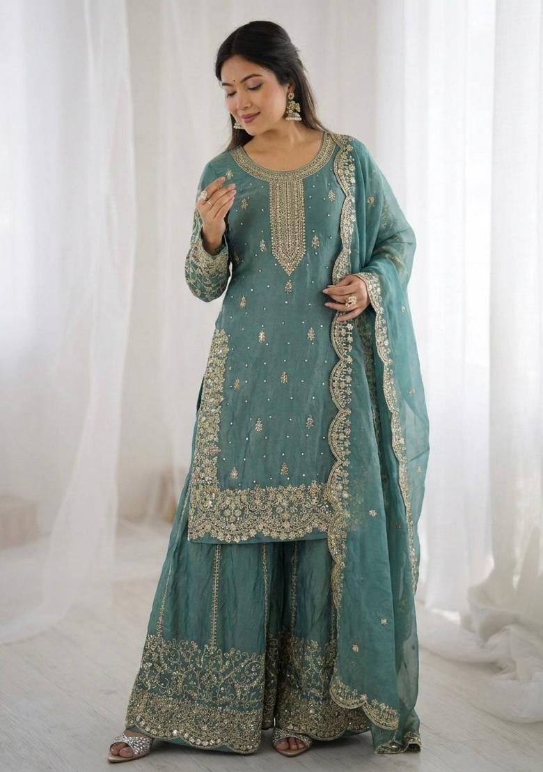 Turqouise Zari Work Fendy Silk Blend Salwar Suit - Indya