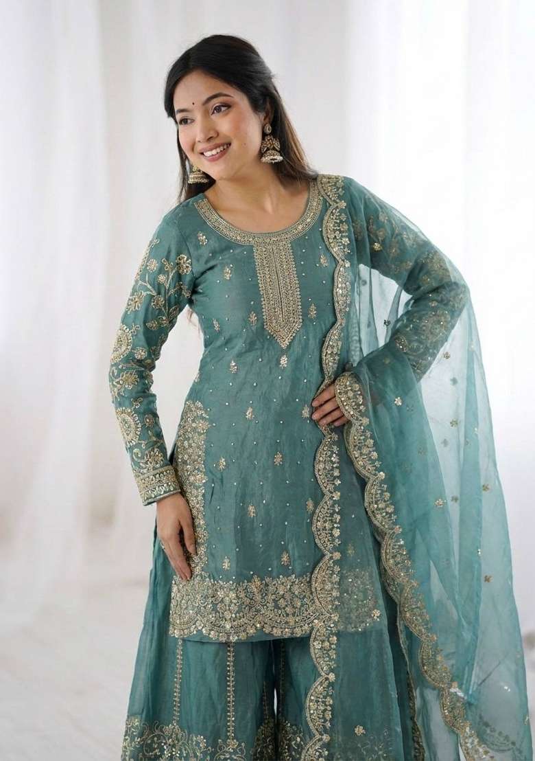 Turqouise Zari Work Fendy Silk Blend Salwar Suit - Indya