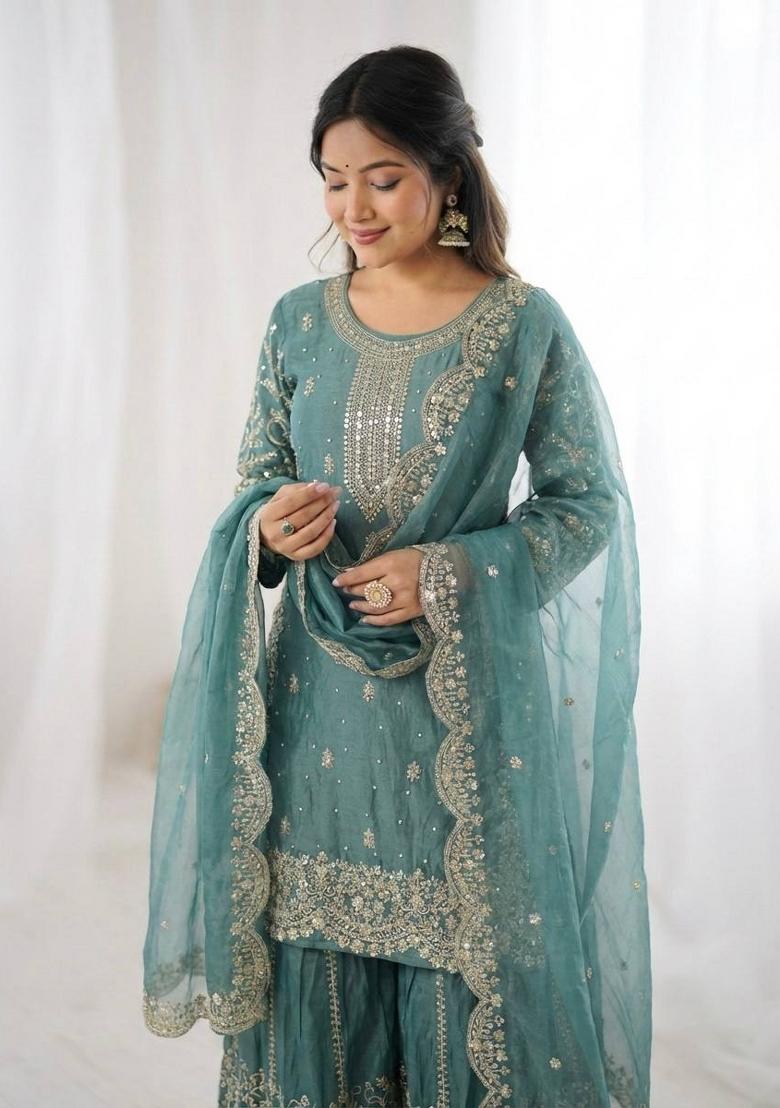 Turqouise Zari Work Fendy Silk Blend Salwar Suit - Indya