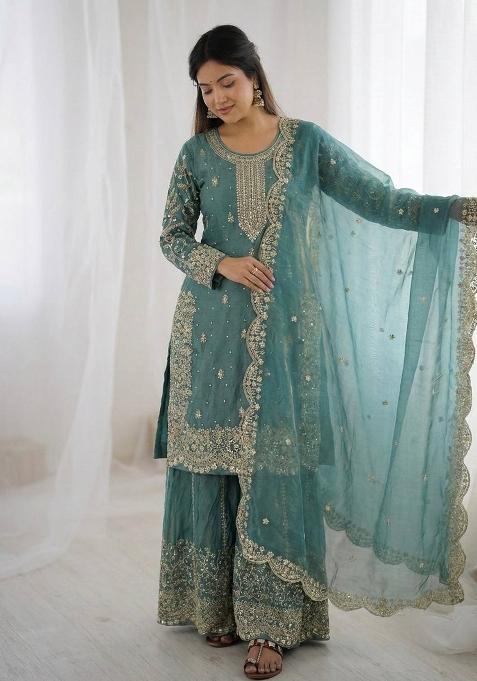 Turqouise Zari Work Fendy Silk Salwar Suit