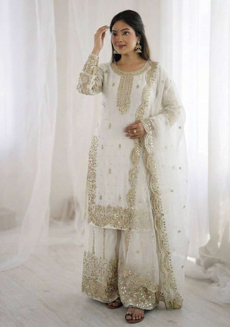 White Zari Work Fendy Silk Blend Salwar Suit - Indya