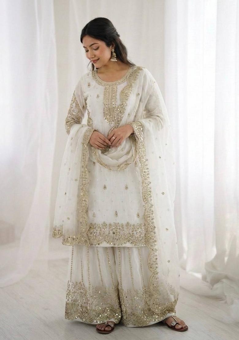 White Zari Work Fendy Silk Blend Salwar Suit - Indya