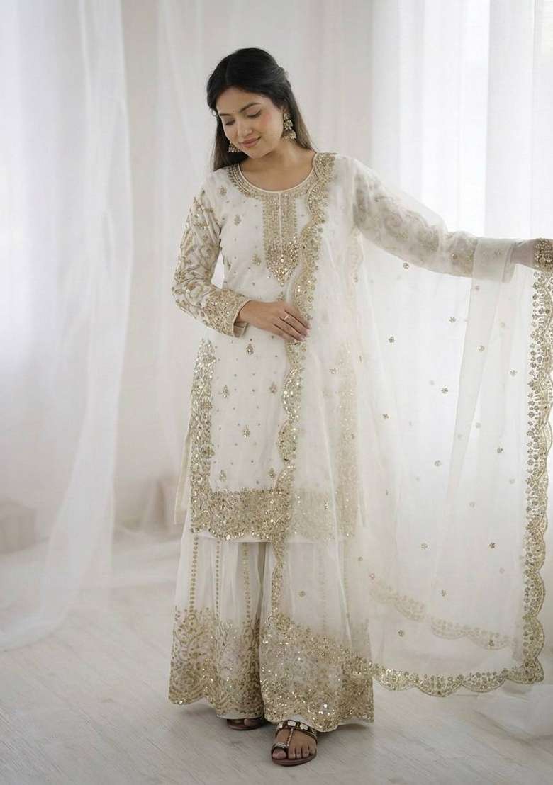 White Zari Work Fendy Silk Blend Salwar Suit - Indya