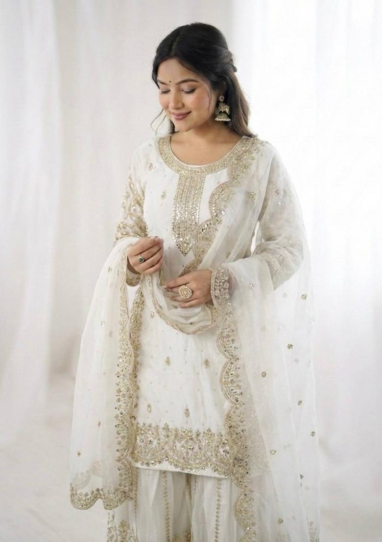 White Zari Work Fendy Silk Blend Salwar Suit - Indya