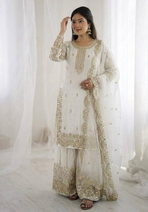 White Zari Work Fendy Silk Salwar Suit