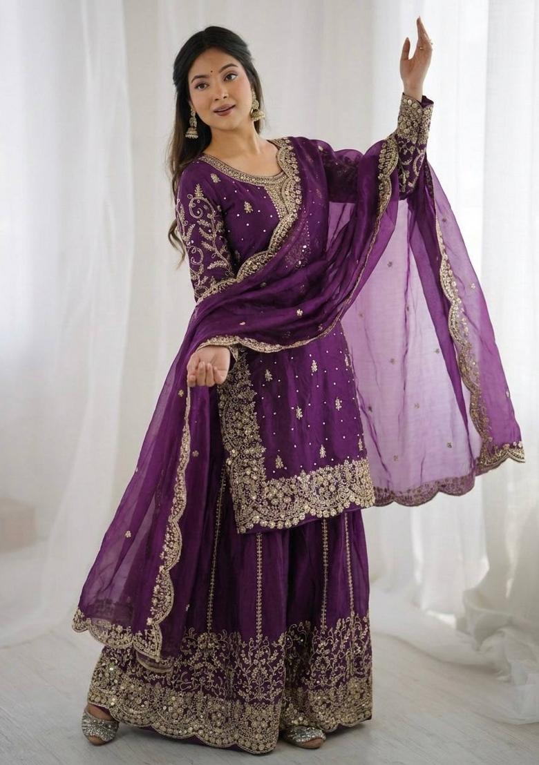 Wine Zari Work Fendy Silk Blend Salwar Suit - Indya