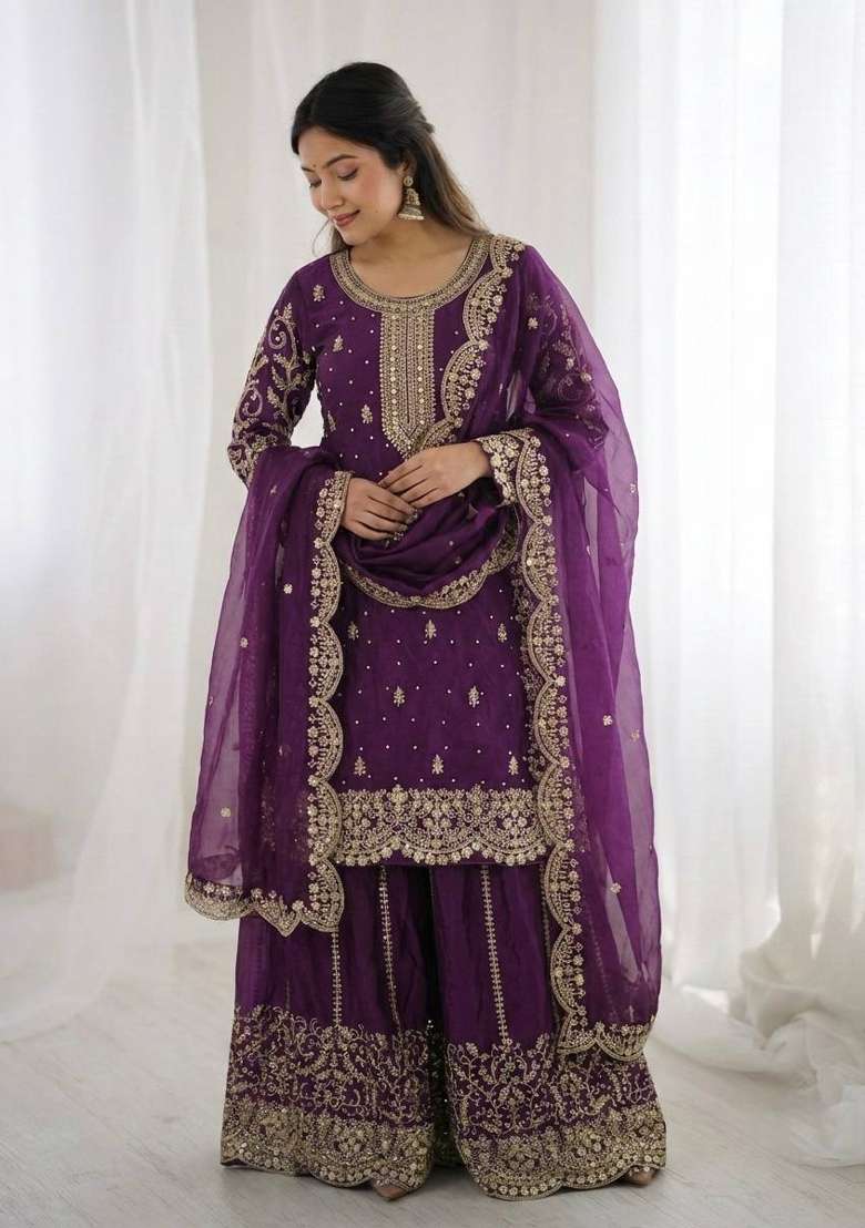 Wine Zari Work Fendy Silk Blend Salwar Suit - Indya