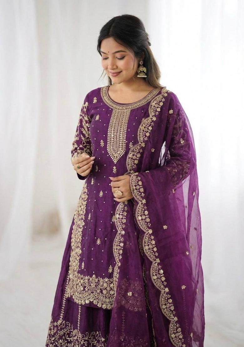 Wine Zari Work Fendy Silk Blend Salwar Suit - Indya