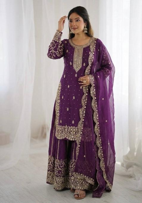 Wine Zari Work Fendy Silk Salwar Suit