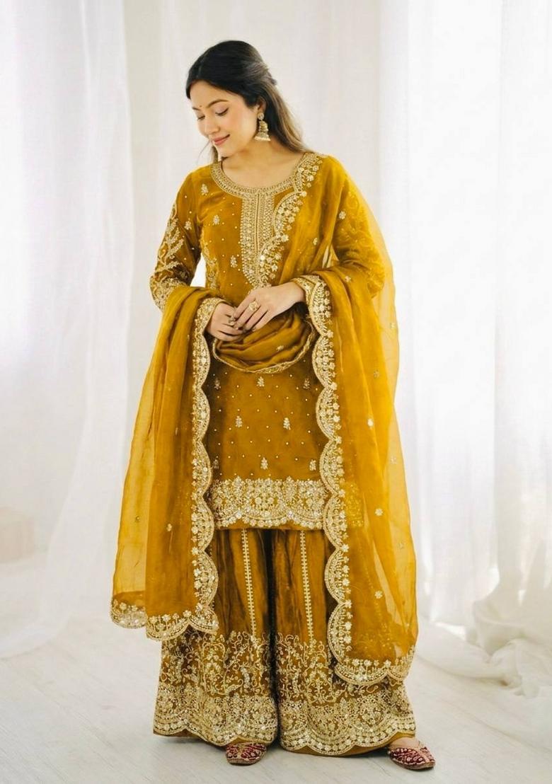 Yellow Zari Work Fendy Silk Blend Salwar Suit - Indya