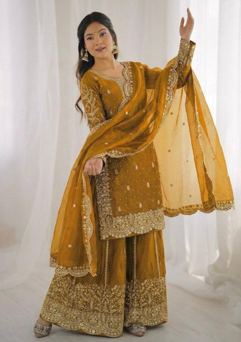 Yellow Zari Work Fendy Silk Blend Salwar Suit - Indya