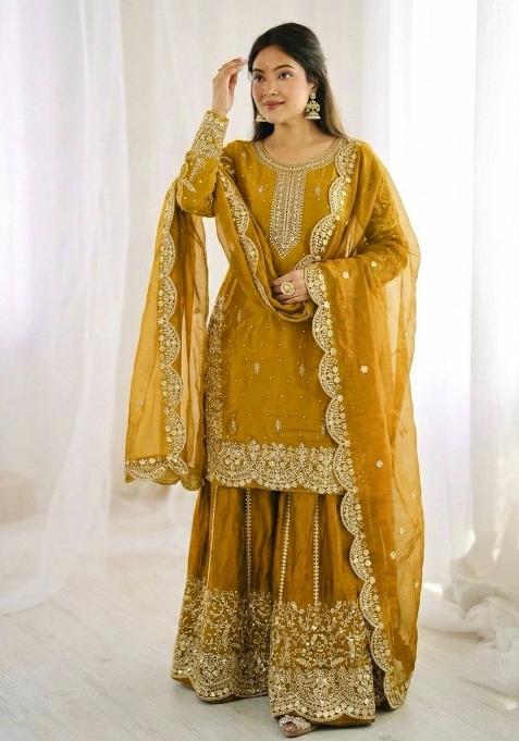 Yellow Zari Work Fendy Silk Salwar Suit