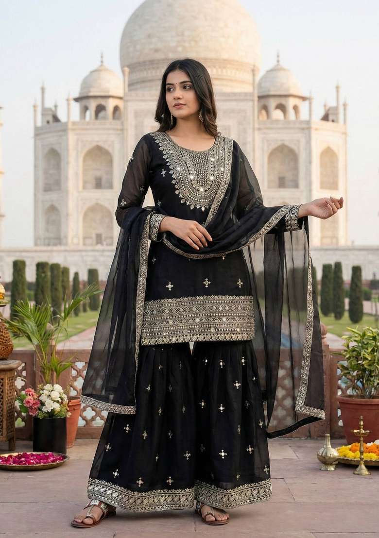 Black Zari Work Gimmychu Silk Salwar Suit - Indya