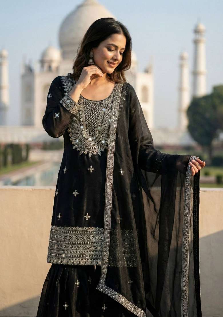 Black Zari Work Gimmychu Silk Salwar Suit - Indya