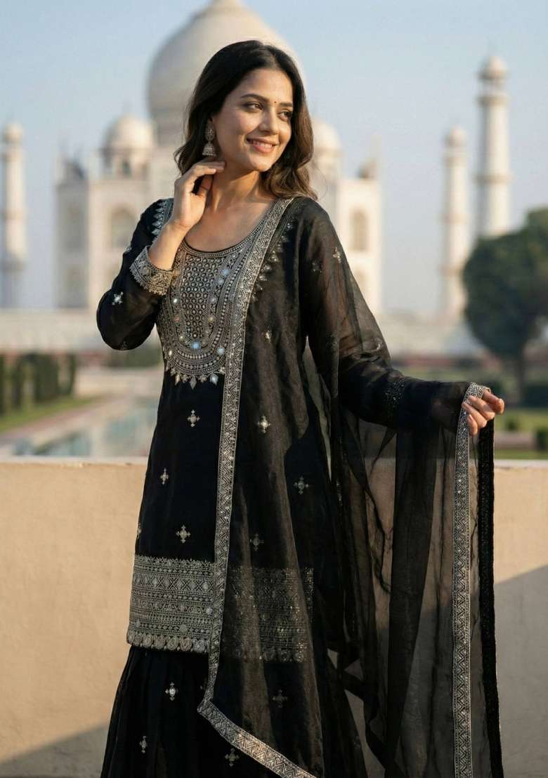 Black Zari Work Gimmychu Silk Salwar Suit - Indya