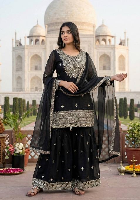 Black Zari Work Gimmychu Silk Salwar Suit