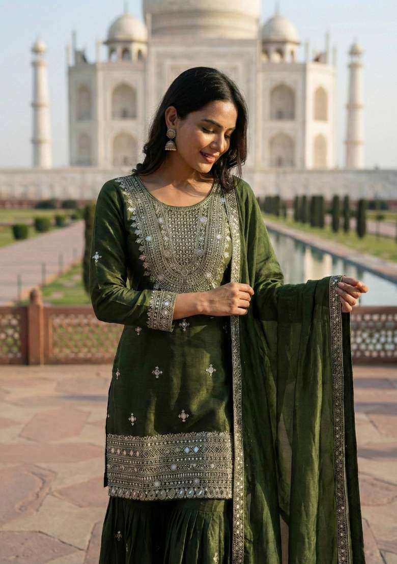 Green Zari Work Gimmychu Silk Salwar Suit - Indya