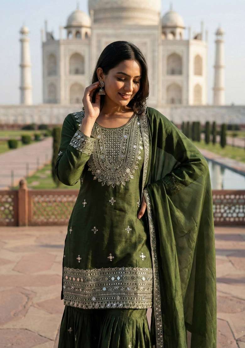 Green Zari Work Gimmychu Silk Salwar Suit - Indya