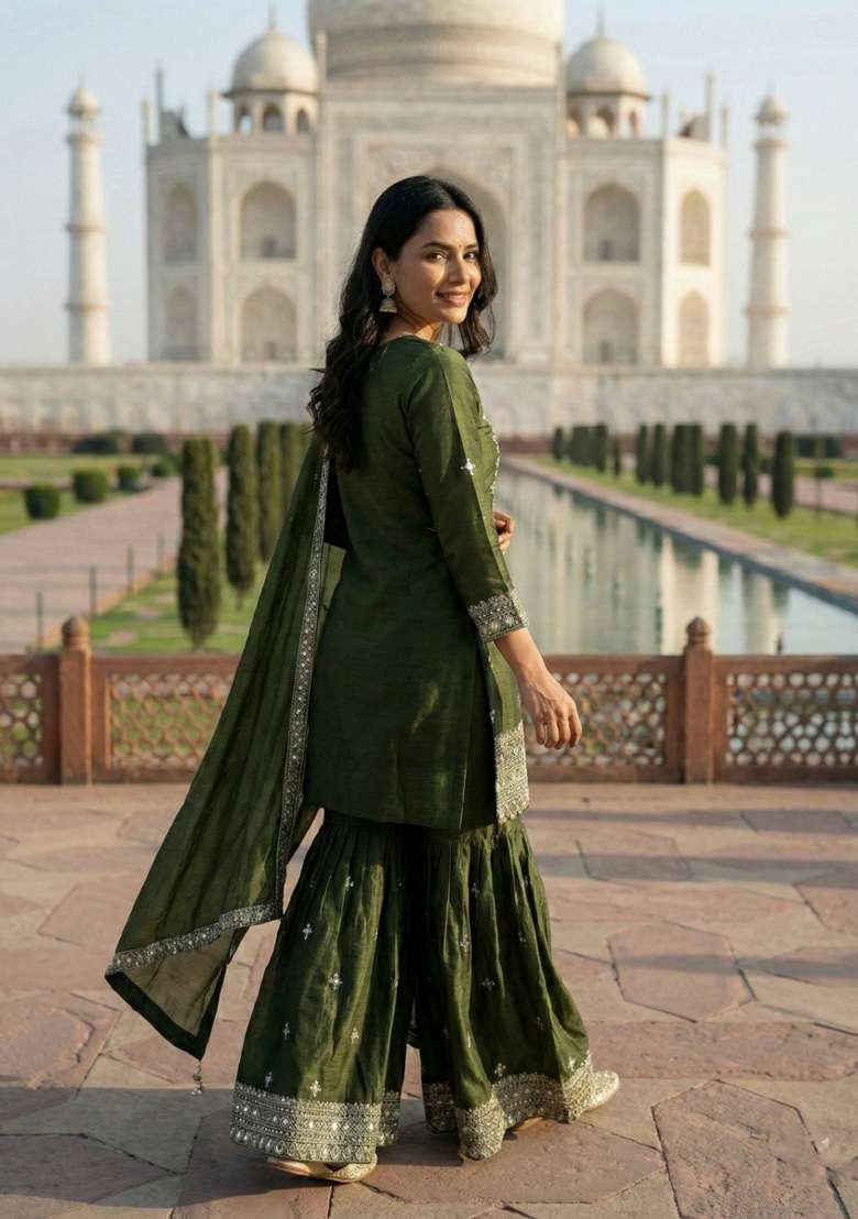 Green Zari Work Gimmychu Silk Salwar Suit - Indya