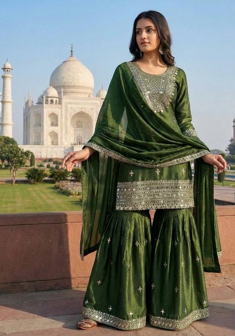 Green Zari Work Gimmychu Silk Salwar Suit