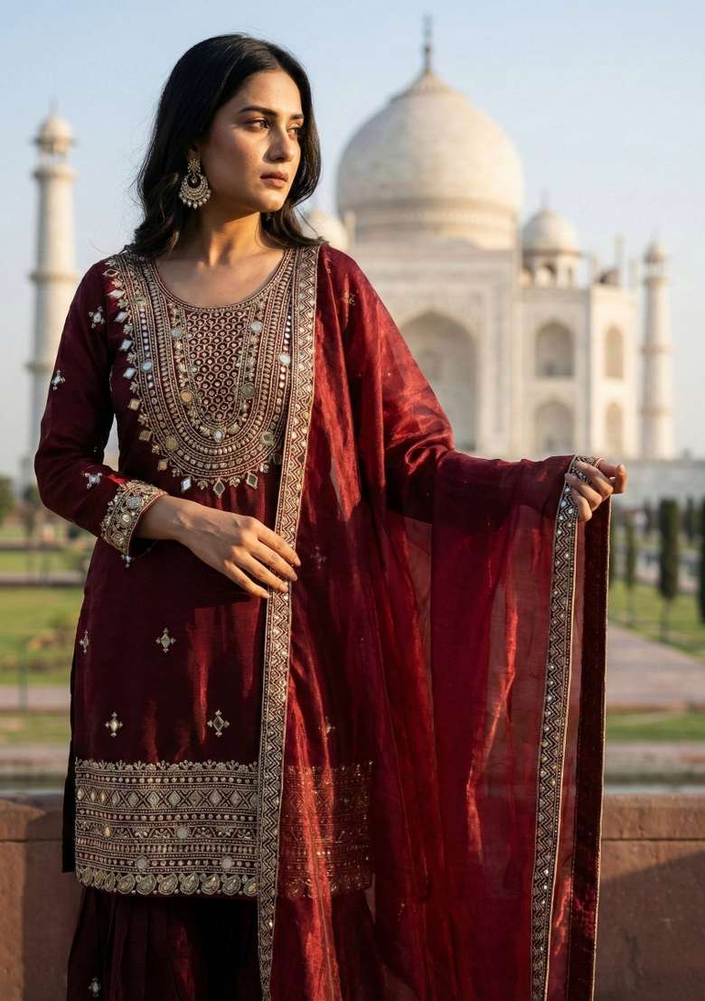 maroon Zari Work Gimmychu Silk Salwar Suit - Indya