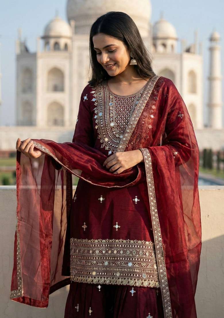 maroon Zari Work Gimmychu Silk Salwar Suit - Indya