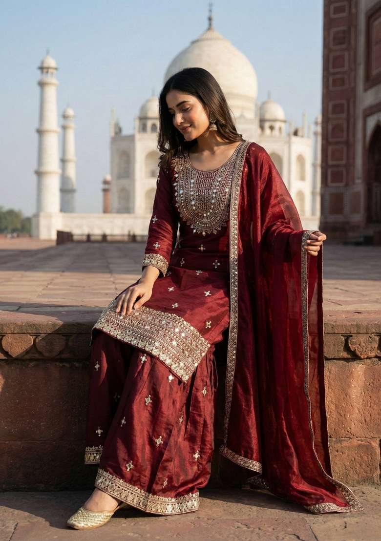 maroon Zari Work Gimmychu Silk Salwar Suit - Indya