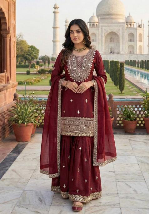 maroon Zari Work Gimmychu Silk Salwar Suit