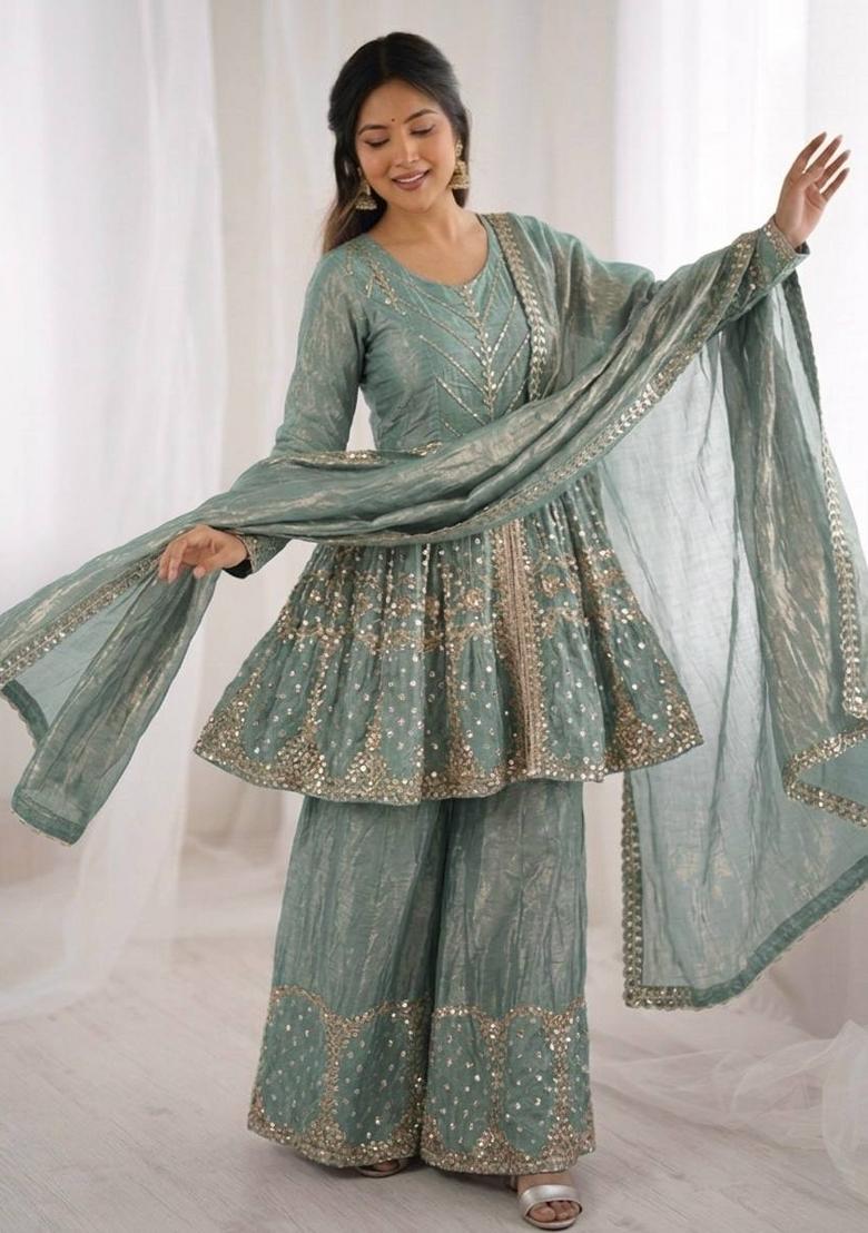 Teal Zari Work Fendy Silk Blend Salwar Suit - Indya