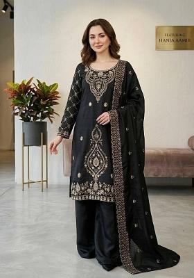 Black Zari Work Gimmychu Silk Blend Salwar Suit