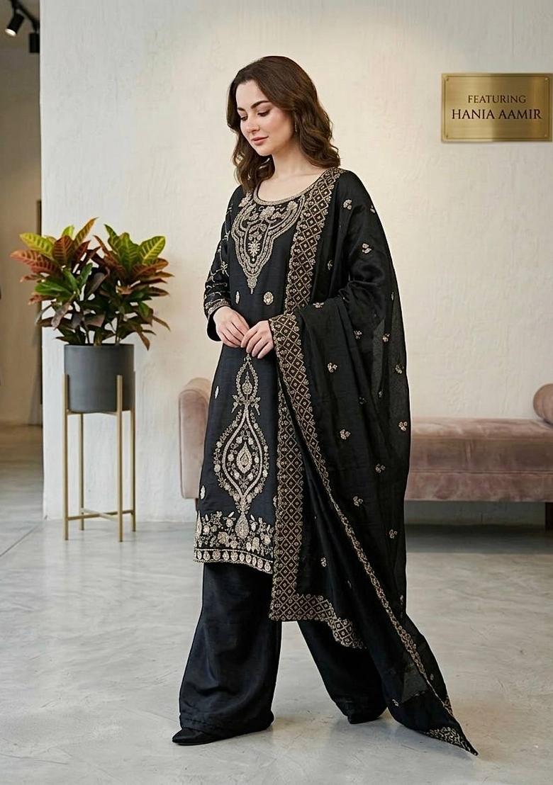 Black Zari Work Gimmychu Silk Blend Salwar Suit - Indya