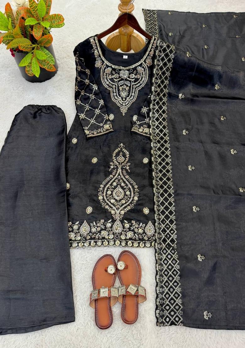 Black Zari Work Gimmychu Silk Blend Salwar Suit - Indya
