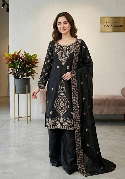 Black Zari Work Gimmychu Silk Salwar Suit