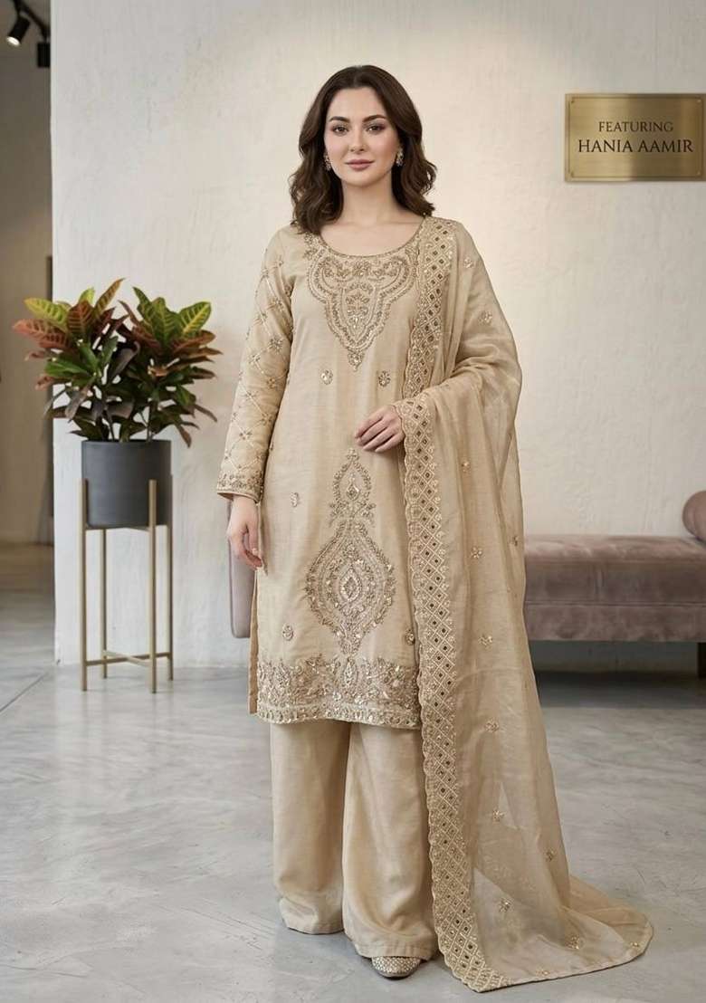 Cream Zari Work Gimmychu Silk Blend Salwar Suit - Indya
