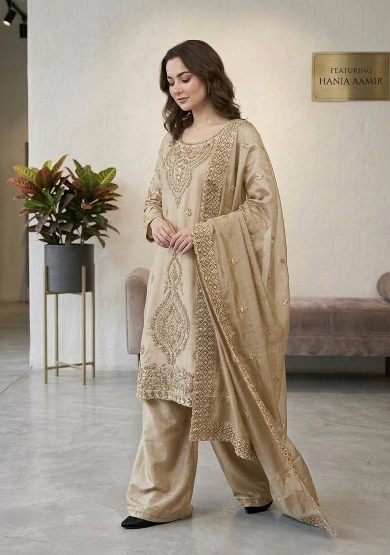 Cream Zari Work Gimmychu Silk Blend Salwar Suit - Indya