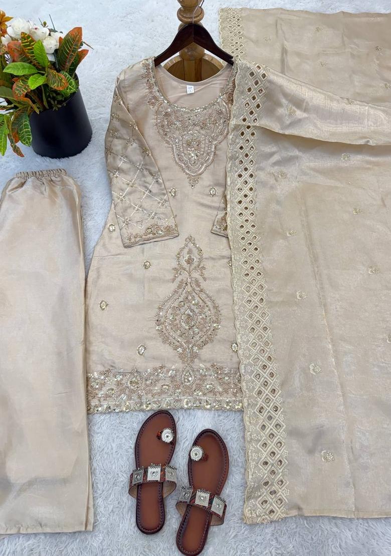 Cream Zari Work Gimmychu Silk Blend Salwar Suit - Indya