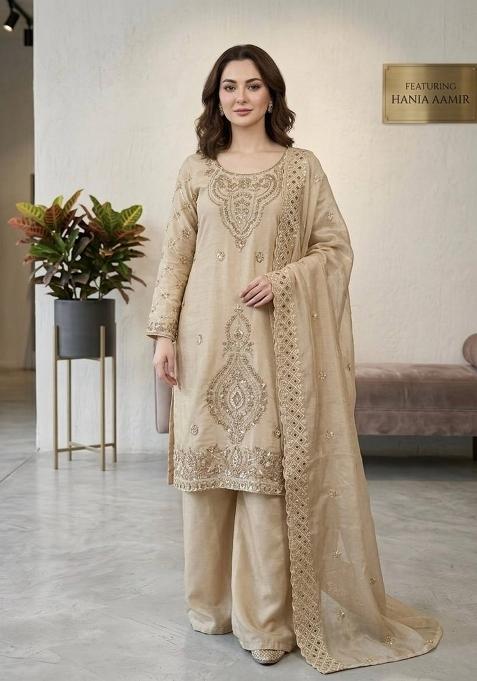 Cream Zari Work Gimmychu Silk Salwar Suit