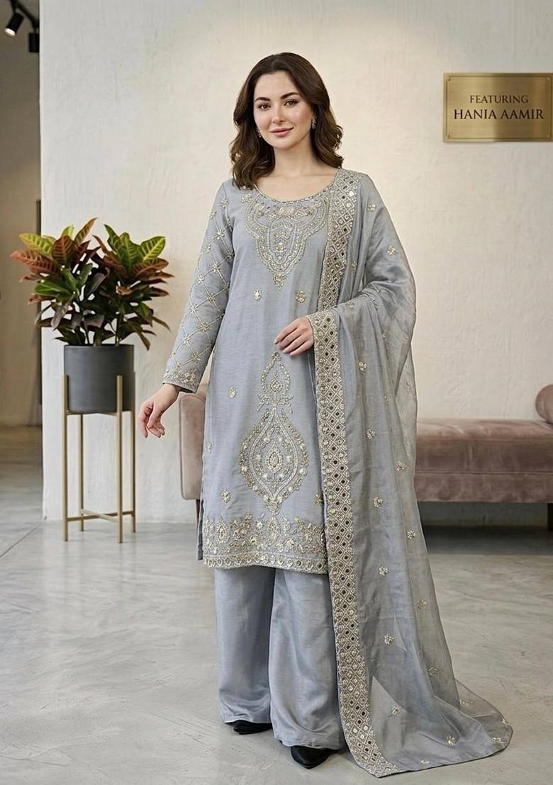 Grey Zari Work Gimmychu Silk Blend Salwar Suit - Indya