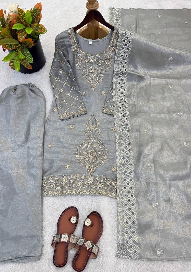 Grey Zari Work Gimmychu Silk Blend Salwar Suit - Indya