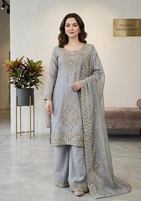 Grey Zari Work Gimmychu Silk Salwar Suit