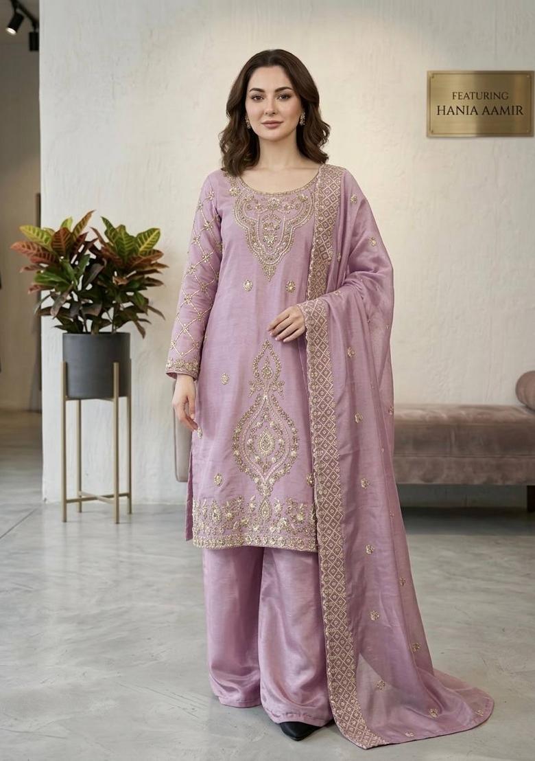 Onion Zari Work Gimmychu Silk Blend Salwar Suit - Indya